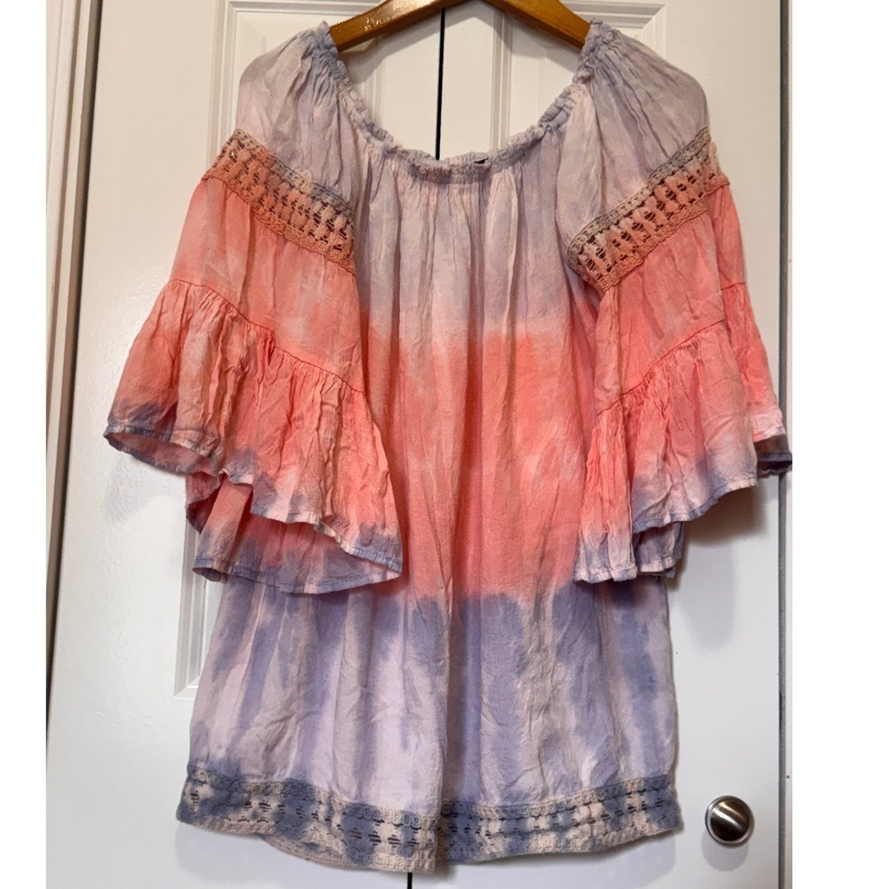 Audrey Lane Womens Tie Dye Boho Off Shoulder Blouse Crochet Lace Ruffle Sleeve L